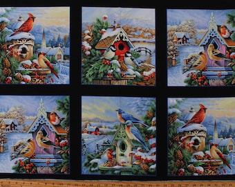 24.5" X 44" Panel Birds Animals Winter Seasonal Christmas Black Cotton Fabric Panel (9409BLACK) D486.59