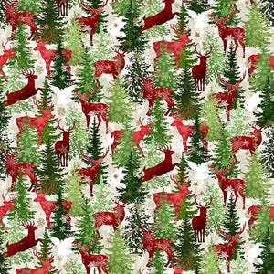 Cotton Winter Soltice II Gold Metallic Reindeer Christmas Tree In the Beginning Cotton Fabric Print by the Yard (5WS-1M) D508.83