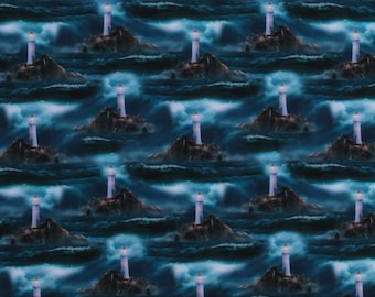 Cotton Lighthouses Lights Storm Stormy Waters Waves Lighthouses in the Storm Blue Cotton Fabric Print by the Yard (CA61220) D484.37