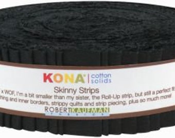 May include: A roll of black Kona cotton solids skinny strips. The fabric is wrapped with a brown band that has the text "KONA cotton solids Skinny Strips" and "ROBERT KAUFMAN FABRICS". The strips are 1-1/2" wide.