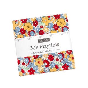 May include: A stack of fabric squares with a floral pattern in red, yellow, blue, and green. The fabric is labeled "30's Playtime" by Linzee Kull McCray. The squares are held together with a white band that has a ruler printed on it.