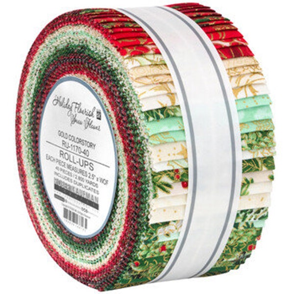 Jelly Roll - Holiday Flourish Snow Flower Gold Colorstory Metallic Winter Christmas 2.5" Strips Roll-Ups Cotton Fabric Precuts M525.45