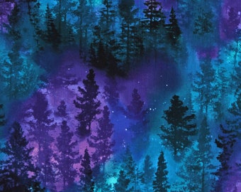 Cotton Nature Pine Trees Forests Sky Night Blue Stars Purple Cotton Fabric Print by the Yard (C8457-PURPLE) D475.85