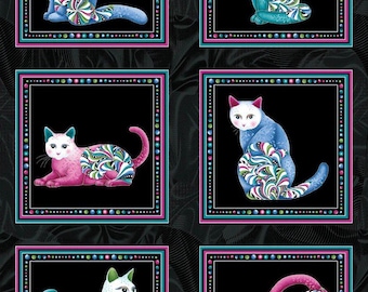 24" X 44" Panel Cat's Meow Colorful Patterned Cats Kittens Pets Animals Benartex Black Cotton Fabric Panel (16944P-12) D387.65