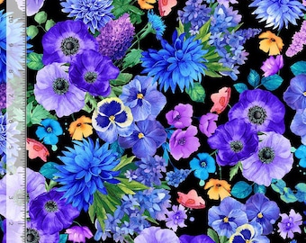Cotton Meadow Bloom Wildflowers Bouquet Packed Florals Colorful Timeless Treasures Black Cotton Fabric Print by the Yard D135.04