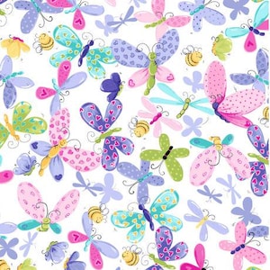 May include: A white background is covered with a repeating pattern of colorful butterflies, bees, and flowers. The butterflies have various wing patterns, including hearts and polka dots, in shades of pink, blue, green, and purple. Yellow bees and small flowers are also scattered throughout.
