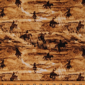 Cotton Cowboy Culture Horses Cowboys Fields Lassos Western Brown Cotton Fabric Print by the Yard (3333-35) D364.63