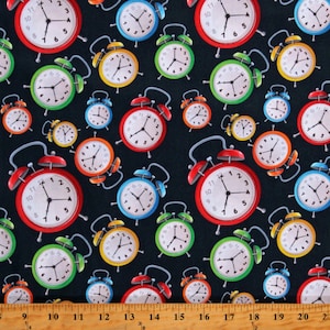 Cotton Clocks & Watches Time Vintage-Look Multi-Color Alarm Clocks on Navy Blue Cotton Fabric Print by the Yard (124503) D782.83