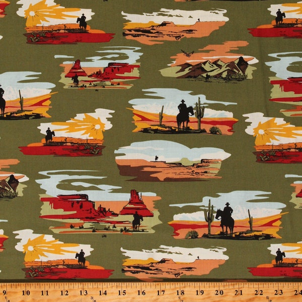 Cotton Go West with John Wayne Cactus Cacti Fields Horses Riders Cowboys Southwestern Moss Cotton Fabric Print by Yard (C12190-MOSS) D468.61