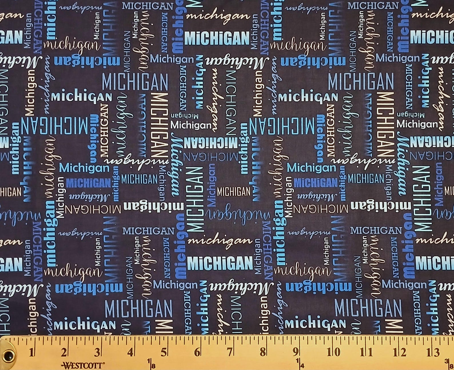 Cursive Michigan Script Cotton Michigan Words Allover Scripts Writings Fonts Navy Cotton Fabric ...