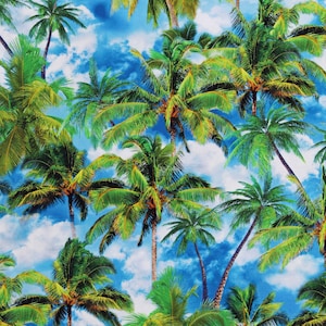 Cotton Palm Tree Paradise Tropical Escape Palm Trees Summer Vacation Travel Blue Cotton Fabric Print by the Yard (12899-55) D685.61
