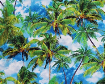 Cotton Palm Tree Paradise Tropical Escape Palm Trees Summer Vacation Travel Blue Cotton Fabric Print by the Yard (12899-55) D685.61