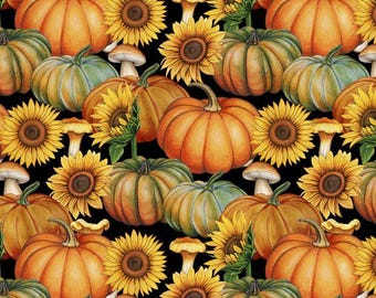 Pieza de tela de algodón precortada de 1 yarda con estampado de calabazas, setas y girasoles para la temporada de otoño. Tamaño: 36" x 44". (DX-4162-PC-1) M208.71