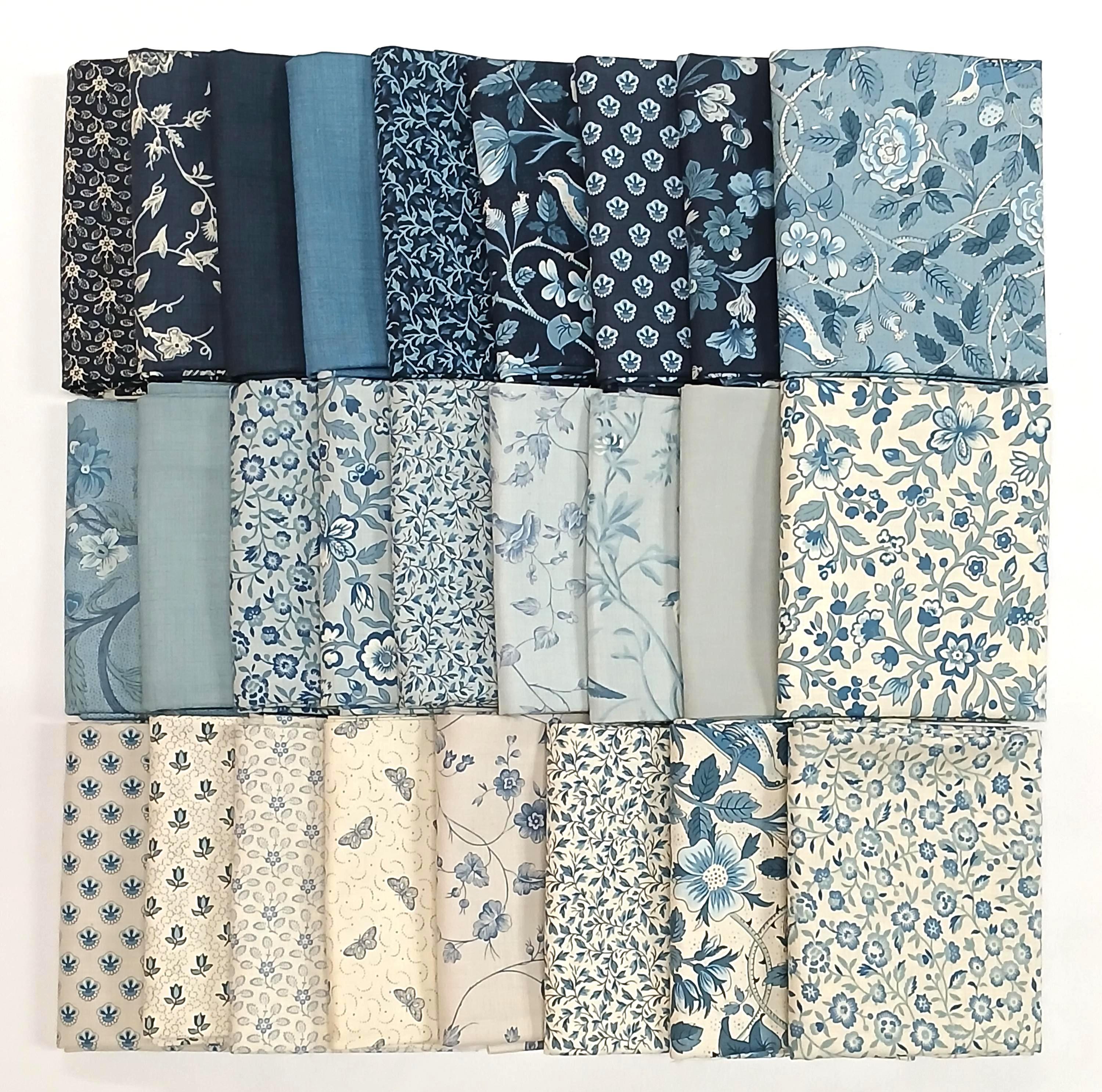 Lot 10 Fat Quarters - Général français par Moda Sacre Bleu fleurs florales bleu crème Reproduction classique patchwork tissu en coton pour courtepointe (M226.18)