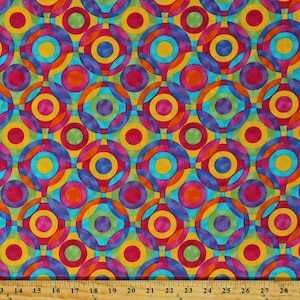 Cotton Circles Interlocking Rings Fun Colorful Rainbow Challis & Roos Multi-Color Cotton Fabric Print by the Yard (2638R-2F-circles) D781.40