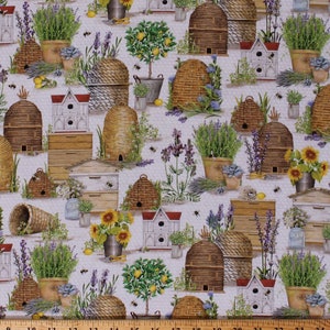 Cotton Bees Honeybees Bee Skeps Beehives Flowers Flowerpots Farm Everyday Favorites Fabric Print by Yard (AMKD-19127-138 HONEY) D487.45