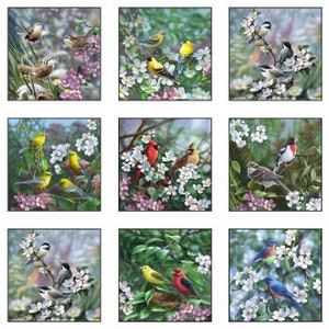 24" X 44" Panel Birds Bird-Watching Flowers Nature Springtime Tweethearts White Cotton Fabric Panel (40000WHITE) D487.83