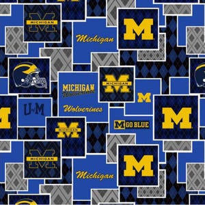 Cotton University of Michigan Wolverines Colleges Officially Licensed by Sykel Enterprises Blue Yellow Cotton Fabric Print by Yard D350.21