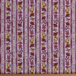 Cotton Floral Stripe Bright Pink Yellow Purple Flowers Stripes on White Woodside Blossom in Spring Cotton Fabric Print by the Yard (D152.12)