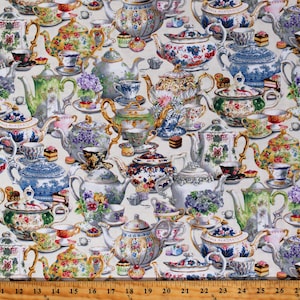 Cotton Tea Party Teapots Teacups Kettles Cups Mugs Desserts Fancy Tea Cream Cotton Fabric Print by the Yard (34000CREAM) D567.05