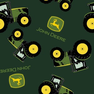 May include: Green and yellow John Deere tractor pattern on a dark green background. The pattern features a tractor with a deer logo and the words "John Deere".