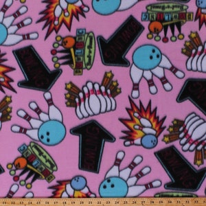 May include: Pink fabric with a repeating pattern of bowling pins, bowling balls, and neon signs that say "Bowling".