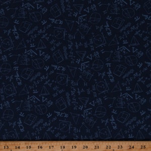 May include: A dark blue fabric with a white pattern of mathematical symbols and equations. The symbols include pi, square roots, triangles, circles, and cubes.