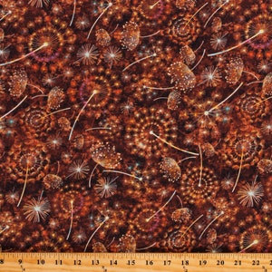 Cotton Flowers Dandelions Plants Pollen Botanica Brown Cotton Fabric Print by the Yard (1649-27410-A) D788.67