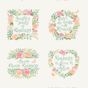 May include: A collection of eight floral designs with inspirational quotes about kindness. Each design features a wreath of pink and peach roses, green leaves, and butterflies, with phrases like "Kindness Matters" and "Kindness is Love in Action."