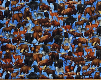Cotton Woodland Animals Forest Northwoods Bears Moose Wolves Deer Eagles Elk Untamed Blue Cotton Fabric Print by the Yard D187.03