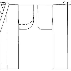 May include: A black and white line drawing of a traditional Japanese kimono, showing the front and back views. The kimono has a long, flowing silhouette with wide sleeves and a high collar.