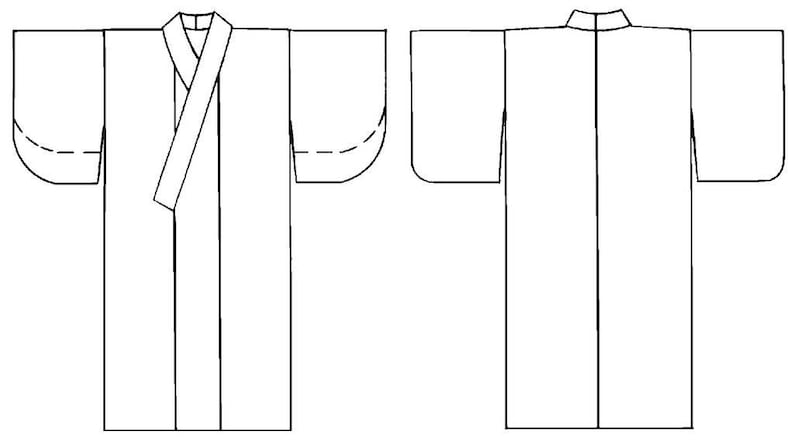 May include: A black and white line drawing of a traditional Japanese kimono, showing the front and back views. The kimono has a long, flowing silhouette with wide sleeves and a high collar.