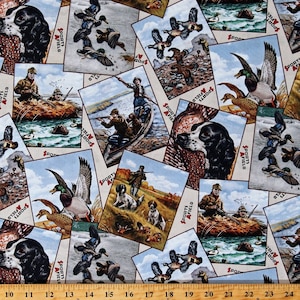 Cotton Hunting Postcards Dogs Spaniels Ducks Game Hunting Hunters Huntsman Sports Afield Cream Cotton Fabric Print by the Yard D588.39