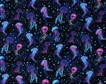 Cotton Jellyfish Aquatic Animals Creatures Ocean Water Sea Midnight Cotton Fabric Print by the Yard (SEA-CD2852-MIDNIGHT) D786.19