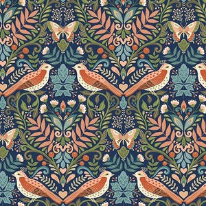 May include: A repeating pattern featuring birds, butterflies, and floral elements in shades of orange, pink, green, and blue. The design includes stylized birds perched on branches, butterflies, and various floral and leaf motifs against a dark blue background.