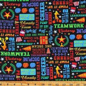 Cotton Cheerleader Words Text Cheer Squad Cheer Team Sports Black Cotton Fabric Print by the Yard D668.75 Timeless Treasures