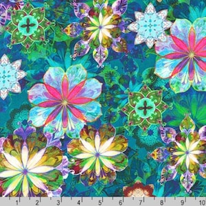 May include: A vibrant fabric featuring a repeating floral pattern in shades of teal, green, pink, purple, and yellow. The design includes large, stylized flowers with intricate details and a symmetrical arrangement. The fabric has a decorative, artistic appearance.