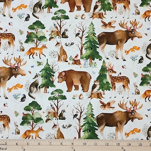 Cotton Who Lives in the Woods Woodland Animals Bears Deer Owls Moose Trees on White Elizabeth Studios White Fabric Print by Yard D606.11