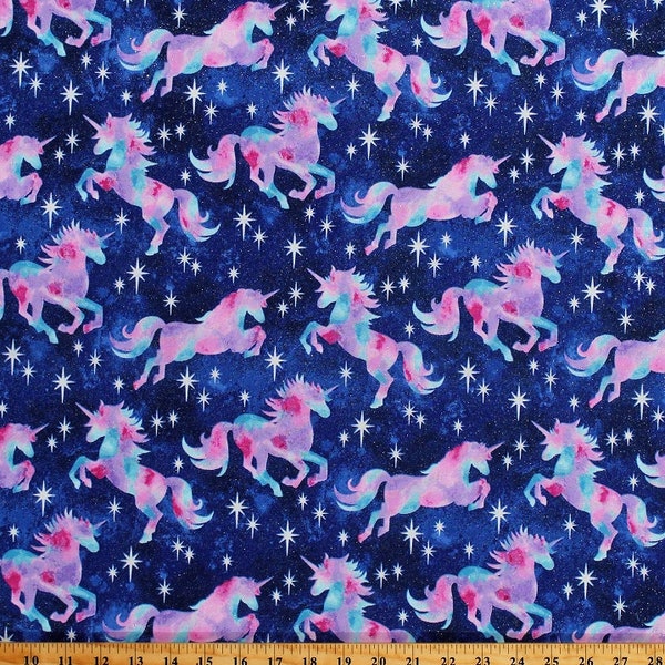 Cotton Unicorns Ponies Horses Mythical Creatures Fairytale Stars on Blue Glitter Metallic Shimmer Kids Fabric Print by the Yard D759.33