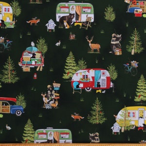 Cotton Lake House Camping Campers Forest Woods Wildlife Travel Green Cotton Fabric Print by the Yard (AMKD-21158-44FOREST) D409.03