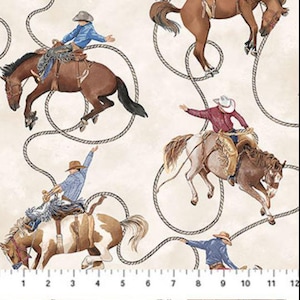 Cotton Cowboy Blues Western Rodeos Bucking Broncos Horses Lassos Wild West Northcott Cream Cotton Fabric Print by the Yard D471.71