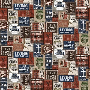 Cotton On Lake Time Lake House Signs Lake Life Fishing Multicolor Cotton Fabric Print by the Yard (Y3713-55) D372.56 by Clothworks