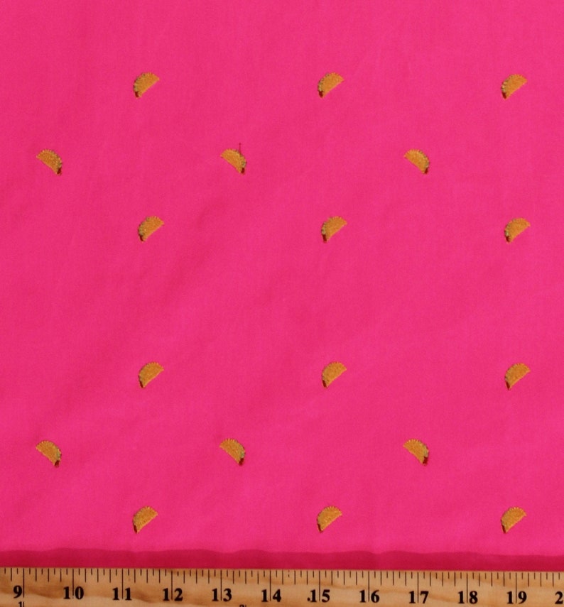 6921L-2C-taco D245.09 Hot Pink Cotton Twill with Embroidered Tacos Food 60 Wide Fabric by the Yard