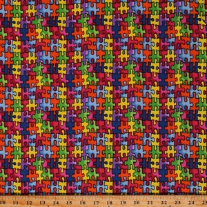 Cotton Blend Crisp Finish Jigsaw Puzzle Cotton Blend Print Autism Awareness Multi-Color Crisp Cotton Blend Fabric Print by the Yard D759.54