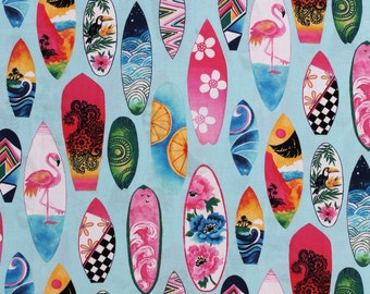 Cotton Surfboards Surfing Beach Ocean Summer Vacation Surfside Blue Cotton Fabric Print by the Yard (FLSU-D3-B) D386.40