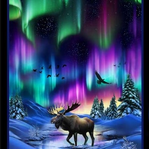 May include: A digital art print depicting a vibrant aurora borealis with shades of green, purple, and pink illuminating a snowy landscape. A moose stands in a stream, with birds and evergreen trees in the foreground.
