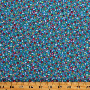 Cotton Flowers Tiny Small Scale Multi-Color Floral on Blue Calico-Look Floral Cache Cotton Fabric Print by the Yard (1649-28885-Y) D143.13