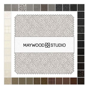 May include: A fabric swatch with a geometric diamond pattern in light gray, with a white banner displaying "MAYWOOD STUDIO" in black text. The image includes a variety of fabric samples in different patterns and shades of gray, brown, and beige.