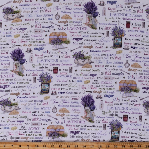 Cotton Kitchen Baking Food Recipe Lavender Flowers Scones Pastry Chef Purple Digital Cotton Fabric Print by the Yard (AMK-17448-23) D768.44