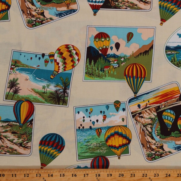 Cotton Hot Air Balloons Photographs Travel Postcards Frames on Cream Nicole's Prints Rally Scrapbook Cotton Fabric Print by the Yard D691.20